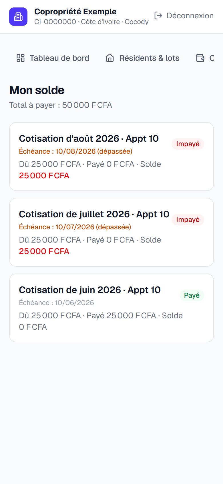Espace copropriétaire sur téléphone, page « Mon solde » : le total à payer et, pour chaque cotisation de son lot, l’échéance, le montant dû, le montant payé et le solde.